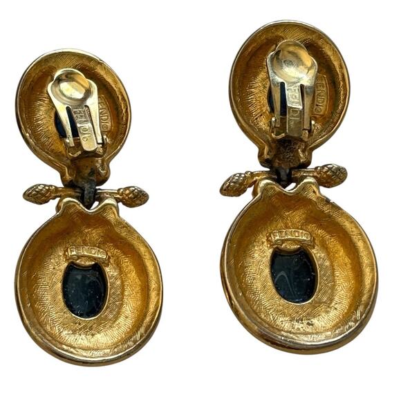 Fendi Blue Gripoix Cabochon Clip Earrings Large Double Dangle Logo 18kt GP - Picture 8 of 12